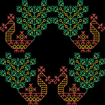 India stitch Kasuti embroidery fabric pattern needle work seamless geometric abstract culture decorative hand drawn tribal asian template printed colorful line artwork black background quilt wallpaper