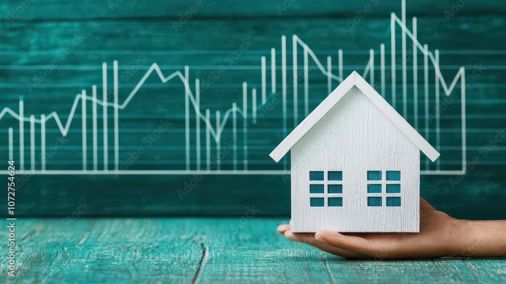 Poster artistic depiction of a hand holding a house model with a collateral tag and an equity value chart i