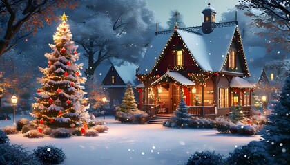 Fototapeta premium A charming, snow-covered cottage with a brightly lit Christmas tree creates a magical winter scene. The warm glow of the lights and the soft snowfall evoke a sense of peace and joy. 