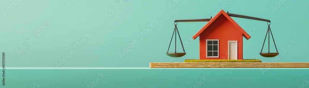 Poster artistic view of a house model on a balance scale with equity on one side and approval on the other