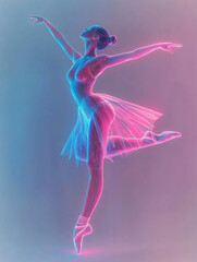 Obraz premium 3D images of women dancing displayed by colorful neon lights and glowing holographic projections