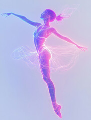 3D images of women dancing displayed by colorful neon lights and glowing holographic projections