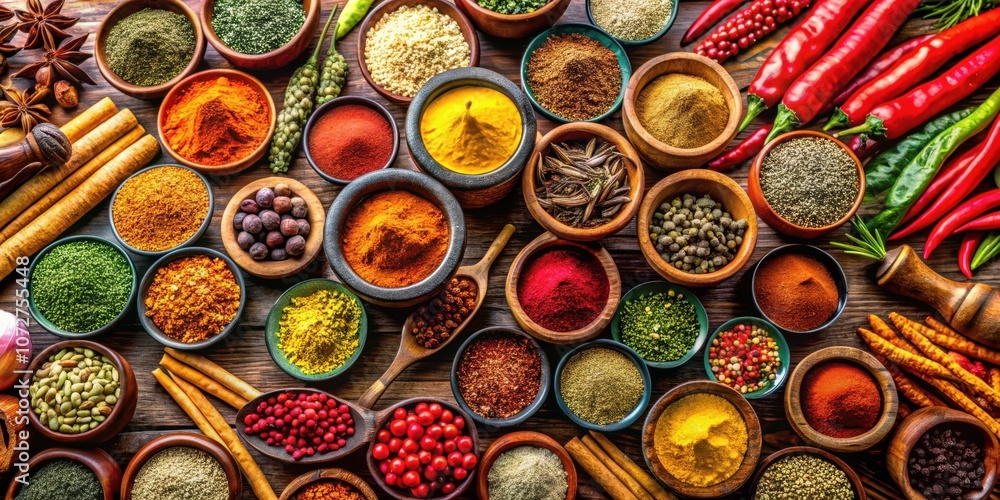 Poster a vibrant and aromatic selection of spices in bowls on a rustic wooden background, a symphony of col