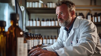 Scientist Analyzes Data in Laboratory Surrounded by Bottles of Chemical Samples for Research Purposes