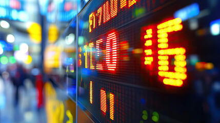 Obraz premium Stock market data. Table of digital data displayed on large screen with lights and blurred background