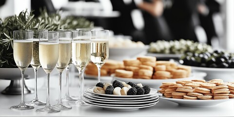 Naklejka premium Elegant table setting with champagne glasses, delicious snacks and desserts in white and green colors for celebration party or event showcasing refreshing relaxation and joy in modern style