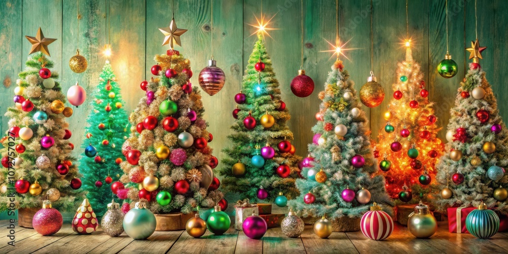 Poster a festive arrangement of decorated christmas trees with sparkling ornaments and lights on a rustic w