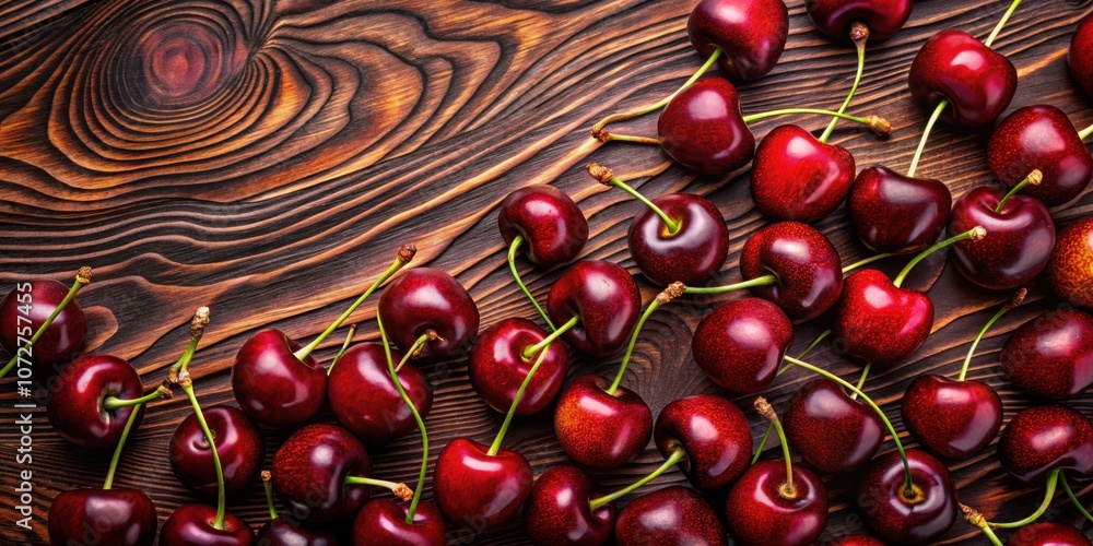 Poster a close-up view of ripe, red cherries with green stems scattered on a rustic wooden surface, creatin