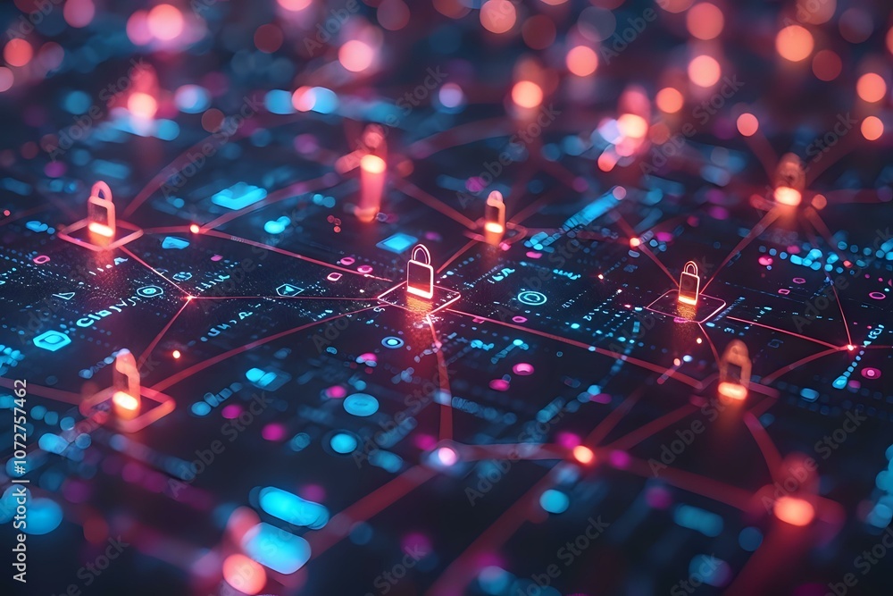 Aufkleber digital grid with interconnected locks and glowing nodes, symbolizing cybersecurity, data encryption
