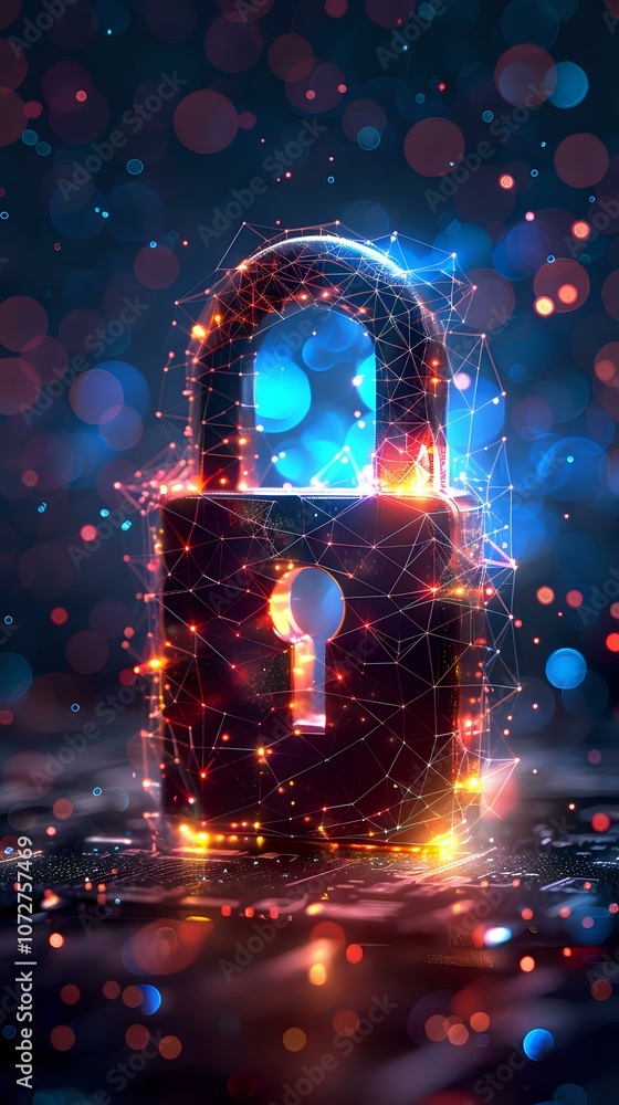 Poster digital lock surrounded by glowing network nodes, symbolizing cybersecurity, data protection, and se