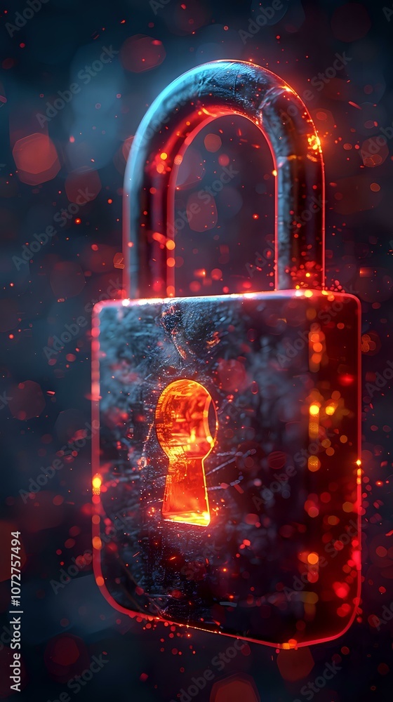 Poster glowing red padlock with keyhole emitting mysterious light effect, digital security concept for data