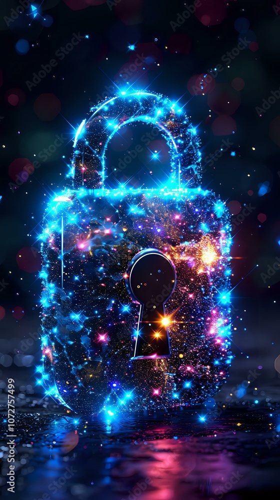 Aufkleber glowing blue digital padlock with cosmic galaxy effects and sparkles floating in dark space, perfect