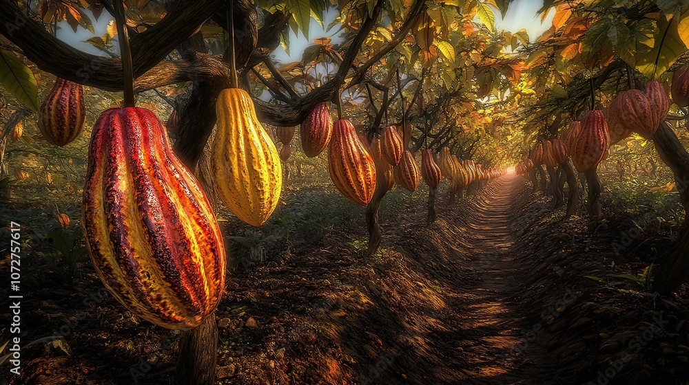 Poster a path through a lush cocoa plantation with ripe pods hanging from the trees in the warm morning lig