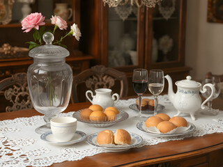 Vintage dining table, flower jar, cristal pottery, Victorian elegancy, coffee, wine, fruits, buns, white crochet decorations