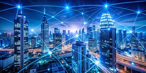 Fototapeta premium High-Tech Urban Cityscape with Blue Tones and Connected Lines Representing Modern Technology and Connectivity in an Advanced Metropolitan Environment