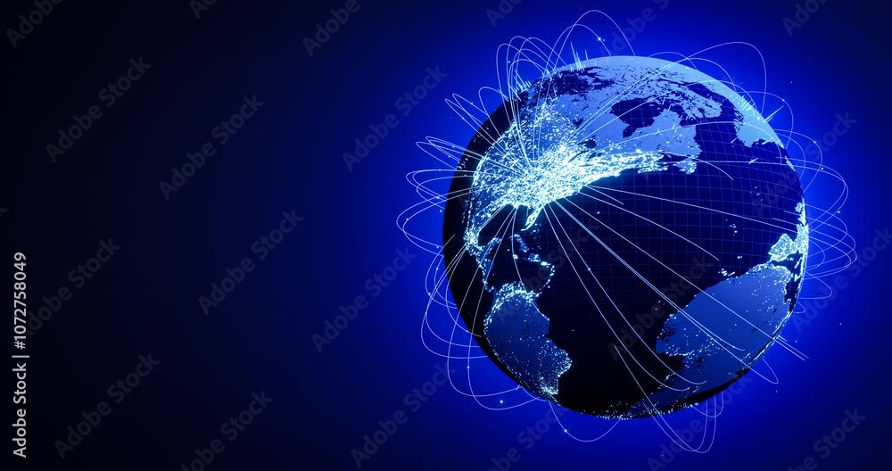 Poster digital earth globe cyberspace with data flowing neon light stripe. global network communication tec