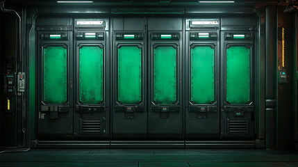 Sci-fi cryogenic chambers with glowing green panels in a futuristic, industrial setting