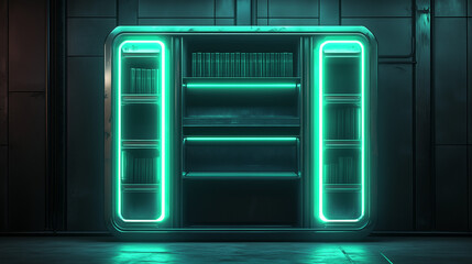 Obraz premium Glowing neon bookshelf with books, set against a modern industrial background, creating a sci-fi ambiance