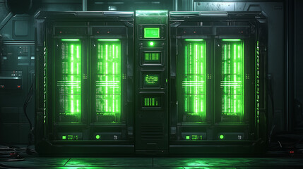 High-tech server room with illuminated green data racks in a futuristic sci-fi environment