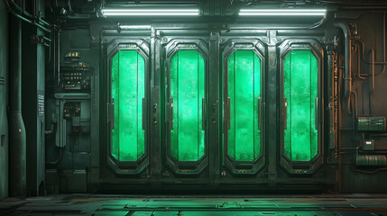 Futuristic sci-fi industrial corridor with four illuminated green doors, cyberpunk-inspired atmosphere