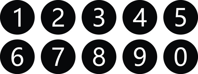 simple black circle with white number icon. 0 to 9 number symbol vector.