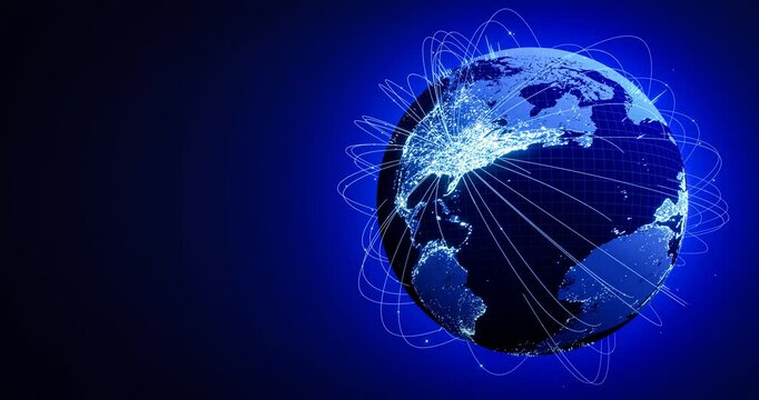 Digital Earth globe cyberspace with data flowing neon light stripe. global network communication technology in modern digital age world, hologram dot particle background with copy space. 3D Rendering