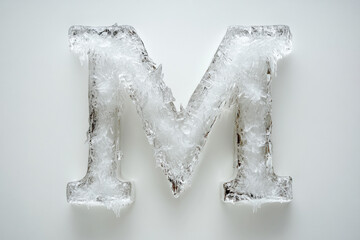 Artistic ice sculpture of the letter 'M' in crystal clear ice, emphasizing its frosty elegance.