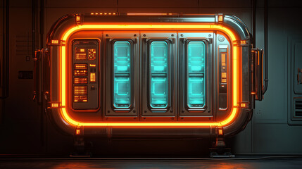 Futuristic, glowing data server with vibrant neon lights in a sci-fi interior setting, showcasing advanced technology