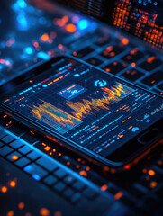 Obraz premium Home office with a laptop with gaphs of data of investment trading on crypto