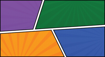 comic book frame panel colorful background with spiral rays and halftone dots