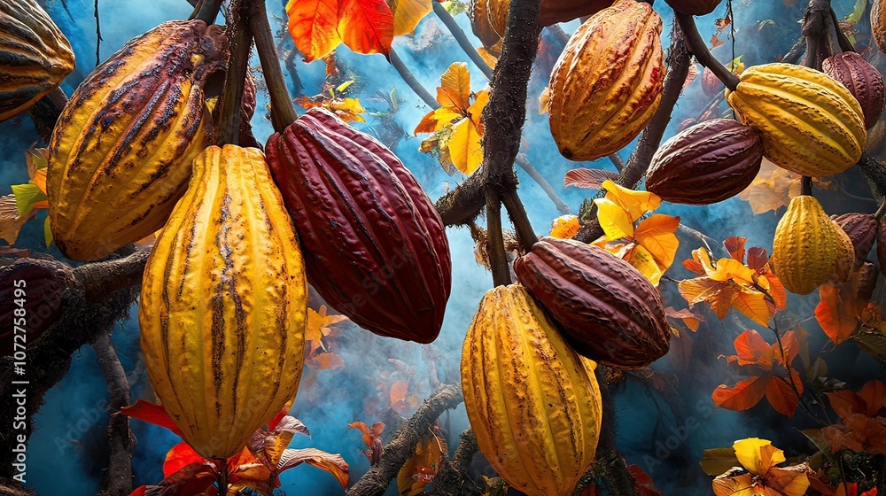 Poster close-up of ripe cacao pods hanging on a tree branch with a blue hazy background.