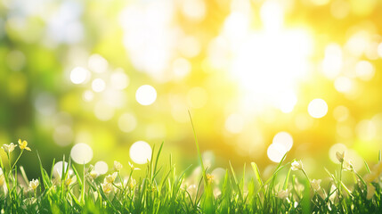 Obraz premium Bright sunbeam light morning fresh green grass field park background nature