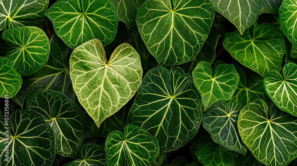 Poster a close-up view of a heart-shaped leaf surrounded by other leaves, creating a natural pattern.