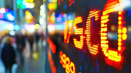 Stock market data. Table of digital data displayed on large screen with lights and blurred background