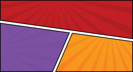 Obraz premium comic book frame panel colorful background with spiral rays and halftone dots