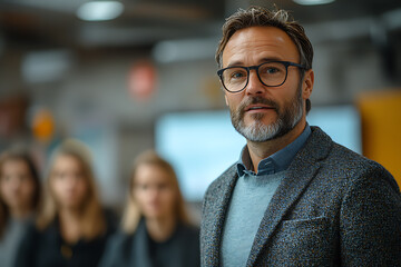 Fototapeta premium A confident businessperson giving a presentation in a modern office, surrounded by a focused team, symbolizing motivation and drive for success in business and career. 
