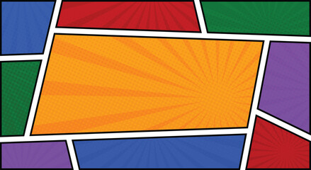 comic book frame panel colorful background with spiral rays and halftone dots