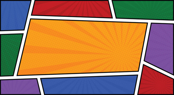 comic book frame panel colorful background with spiral rays and halftone dots