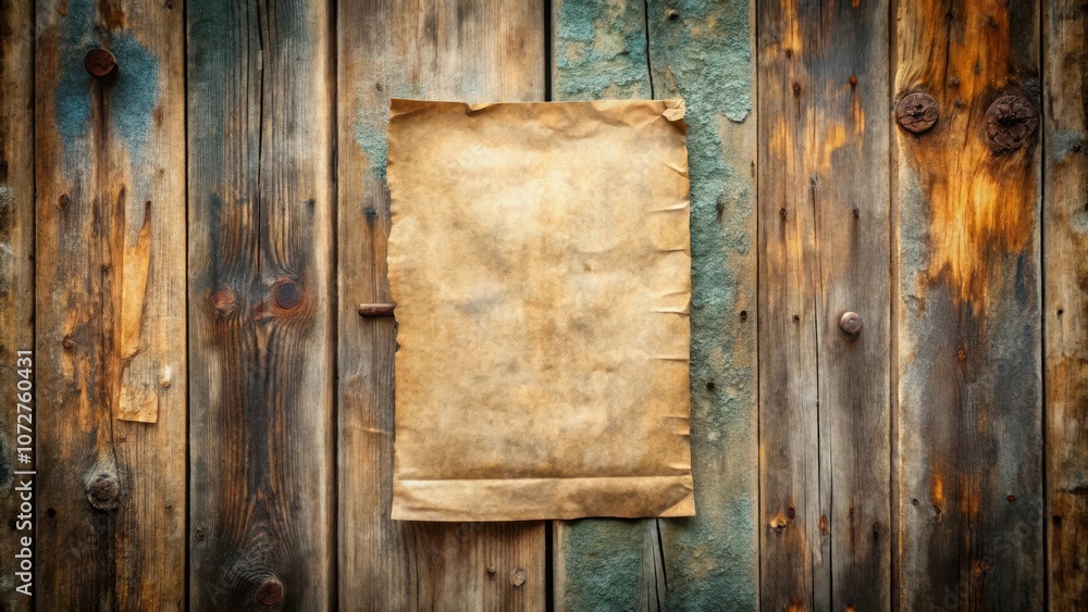 Aufkleber a weathered wooden plank backdrop with a distressed paper sheet adhered to the surface, perfect for 