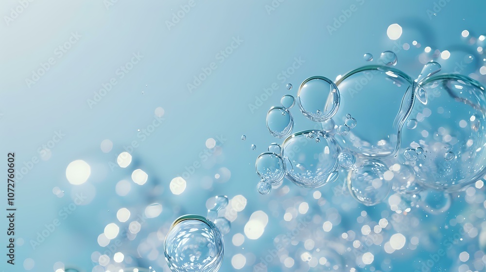 Aufkleber delicate soap bubbles floating on light blue background, macro photography with soft bokeh effect pe