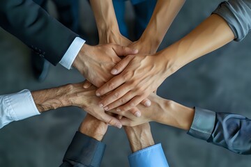 A group of diverse hands coming together in a central stack, symbolizing teamwork, unity, and collaboration. Ideal for themes of partnership, support, and community.
