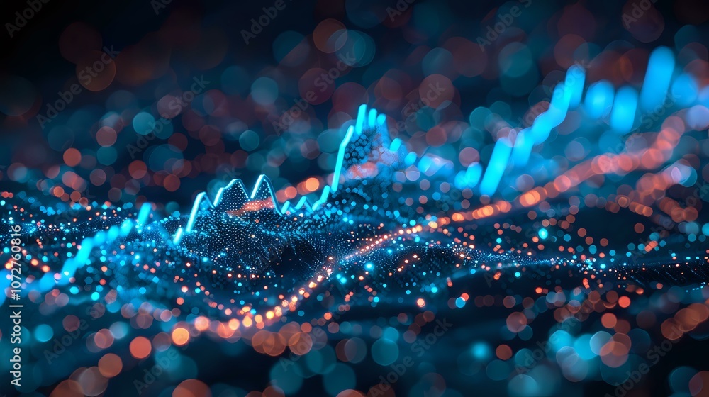Poster abstract visualization of fluctuating data points in blue and orange, representing financial analysi