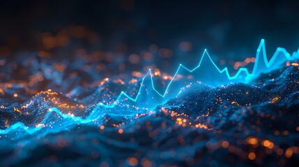 Glowing blue financial chart line floating over dark abstract mountain landscape with bokeh lights, perfect for business analytics and market trend visualization.