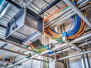 Industrial Home Wiring Installation with Complex Network of Cables in Ceiling Junction Box, Showcasing Expert Craftsmanship and Safety Standards for Electrical Installations