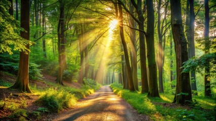 Obraz premium A Path Through the Forest Bathed in Golden Sunlight, Where the Sun's Rays Pierce Through the Dense Canopy, Illuminating the Green Foliage and Casting Long Shadows on the Winding Road