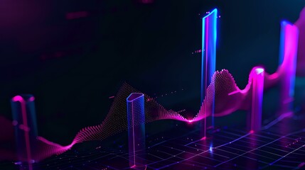 Futuristic neon graph visualization with glowing purple and blue elements showing dynamic data analysis perfect for business technology concepts.