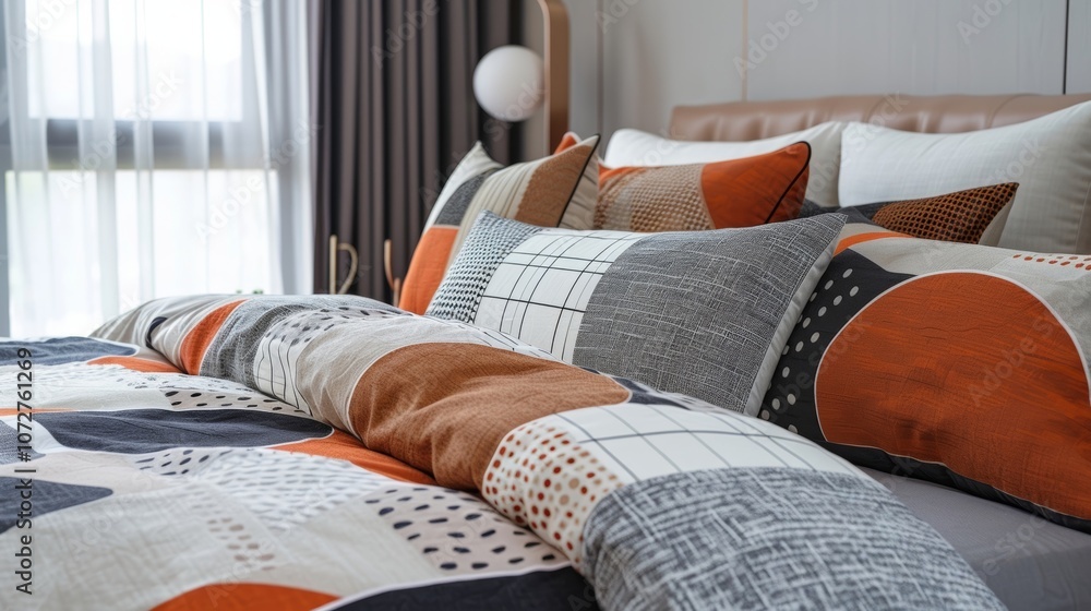 Poster the striking and abstract patterns on the bedding and rug bring a modern and graphic touch to this b