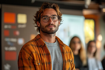 A confident businessperson giving a presentation in a modern office, surrounded by a focused team, symbolizing motivation and drive for success in business and career.
