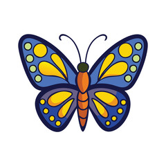 Colorful cartoon butterfly vector illustration, Bright and colorful cartoon butterfly with decorative patterns and vibrant colors, isolated on a white background.
