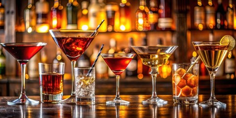 A selection of mixed drinks and cocktails displayed on a wooden bar top with a blurred backdrop of bottles